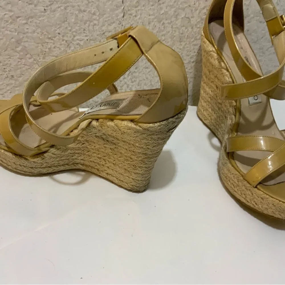 JIMMY CHOO PORTO CRISSCROSS ESPADRILLE WEDGE SANDALS NUDE PATENT LEATHER SZ 39